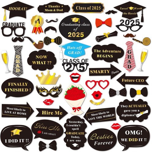 50Count Graduation Photo Booth Props Black and Gold for Party Decorations