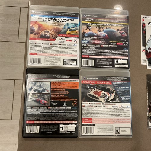 Four Need for Speed Most Wanted Hot Pursuit Rivals PS3 cases with game scenes and EA logo on white backs.
