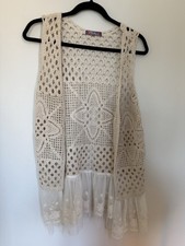 Women  s Vintage Cream Colored Crochet Fringe Long Vest Med Boho Western Festival