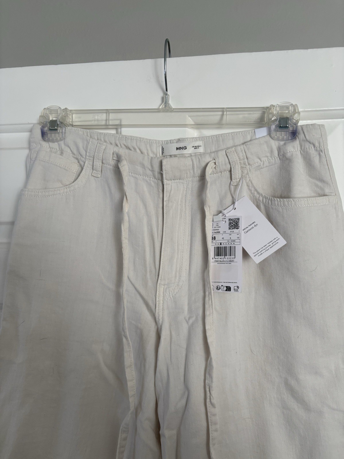 Mango Ivory Cotton Wide-Leg Drawstring Women's Pants with Pockets thumbnail 6