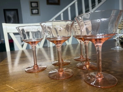 Pink Depression Glass Champage Wine Glasses Paneled 5.5 Inches High Set Of 6