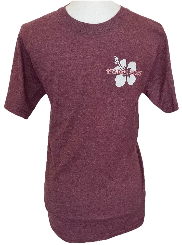 TRADER JOE’S Tshirt Small Plum Purple W/ White Hibiscus Flower Soft Cotton Blend - Image 3 of 4