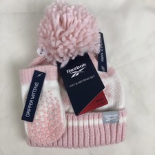 Reebok Bobble Hat  Mittens Knitted set Pink  White Striped Age 6-12 Months
