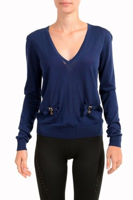 Dsquared2 Women's Navy Blue 100% Wool V-Neck Pullover Sweater US S IT 40