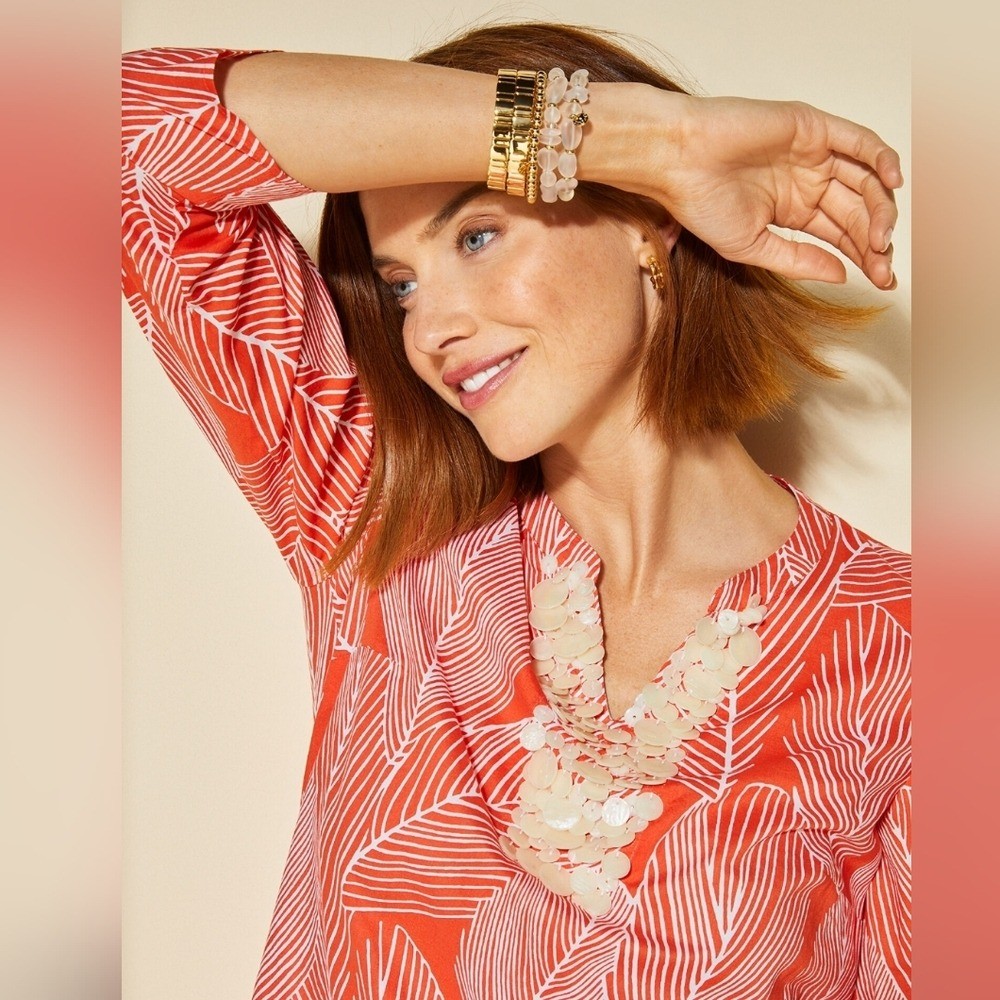 Talbots Gorgeous Orange White Leaf Pattern Shell … - image 2