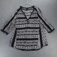 Lucky Brand Shirt Womens 1X Black White Boho Geometric Print Tunic 3/4 Sleeve