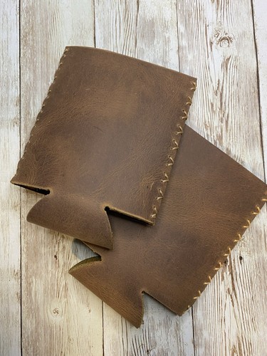 Set Of Two handmade Some Branding Brown Leather Standard Bottle Coozie Koozie - Picture 2 of 3