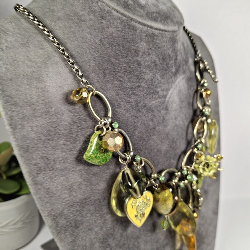 Chunky Charm Necklace Green Yellow Mixed Materials Hearts Butterfly Whimsy - Picture 19 of 24
