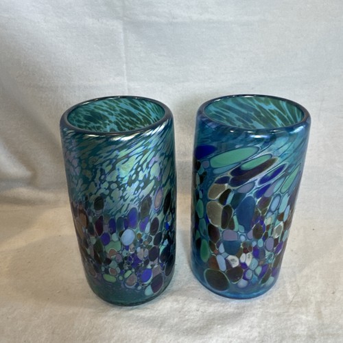 Set Of 2 Artist Signed 1993 Iridescent Blue Art Glass Cups Vase Tumbler Confetti