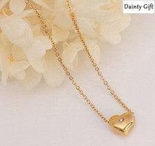 DAINTY Women Girl Titanium Stainless Steel CZ Gold Heart Love Necklace 16-18"