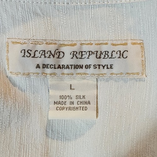 ISLAND REPUBLIC HAWAIIAN 100% SILK Lg FLORAL BUTTON UP SHIRT Cream Blue - Picture 5 of 7