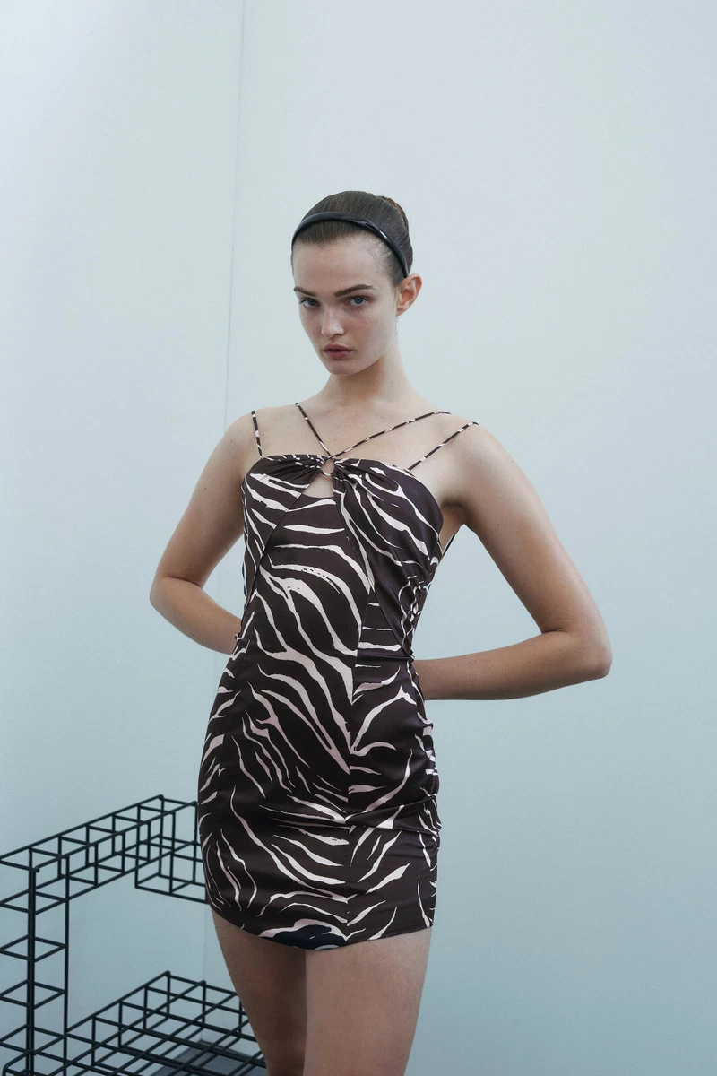NWT ZARA ANIMAL PRINT SHORT DRESS BLACK ECRU SIZE M 8445 197 eBay
