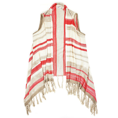 MARELLA MAX MARA Knit Vest Cardigan Cape Scarf Fringe Shawl Stripe Taupe Coral S