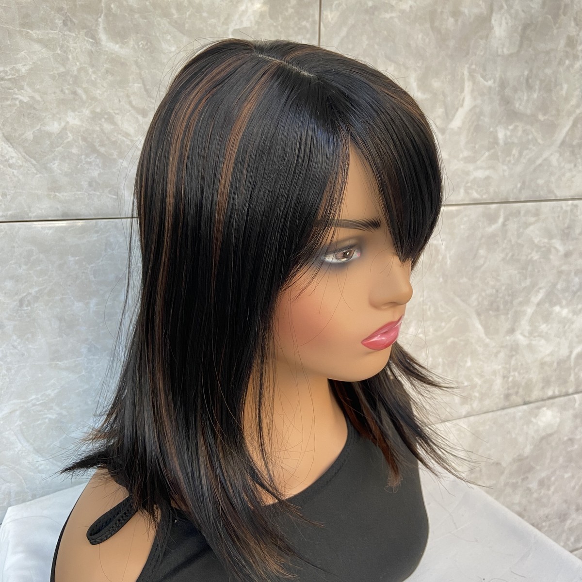 Fashiomag Straight Side Part Black Brown Mix Synthetic Hair 