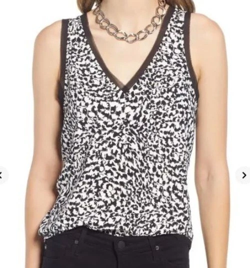 Camiseta sin mangas halógena para mujer de gasa borde crudo negra marfil leopardo talla XS NUEVA