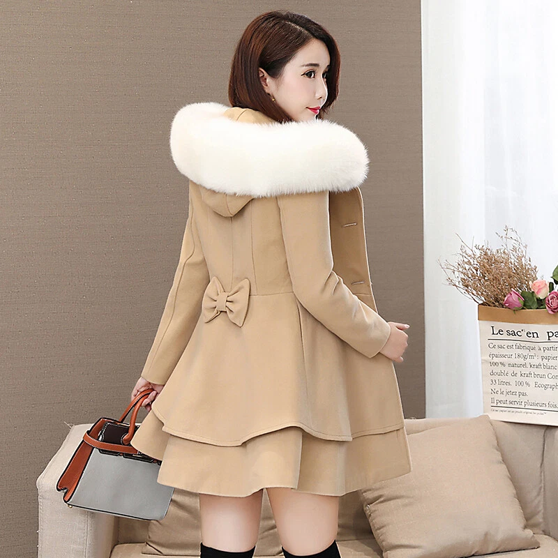 New Women Wool Double Breasted Fur Collar Winter Peacoat Hooded Coat Bows Jacket
