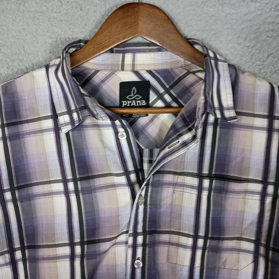 Prana Shirt Men's Medium Purple White Plaid Short Sleeve Button-Up Casual Summer - Image 3 of 4