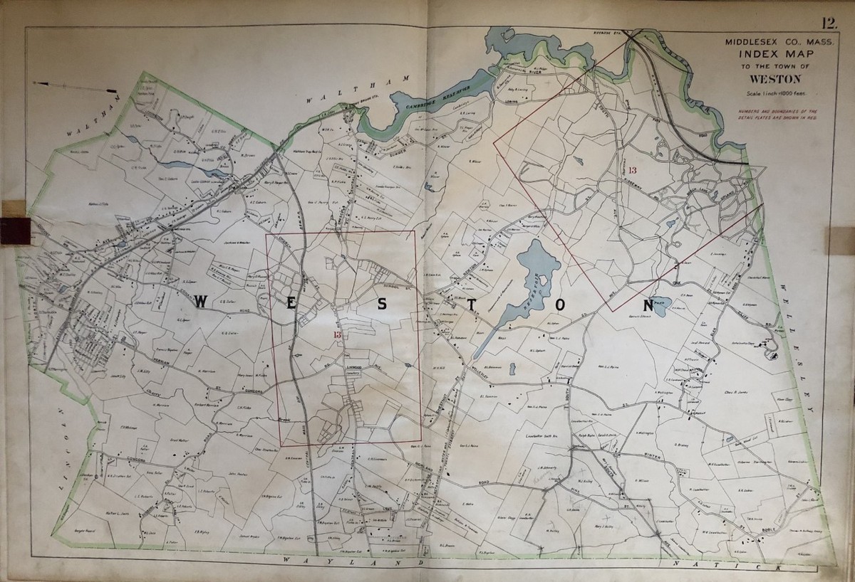 1908 MIDDLESEX COUNTY MA WESTON CAMBRIDGE RESERVOIR WALTHAM TO