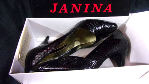 VINTAGE JANINA -'ALICE' BLACK SNAKE LEATHER HEEL PUMPS SHOES SIZE 9B HONG KONG - Picture 14 of 18