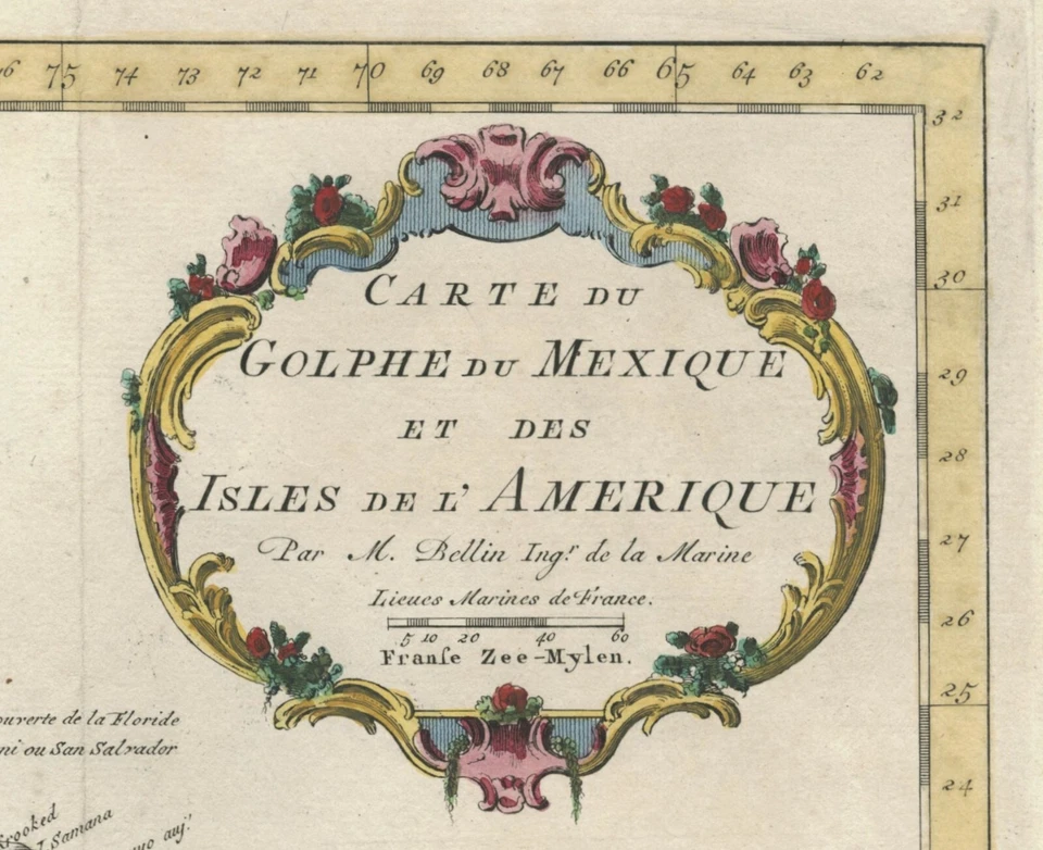 Mapa antiguo "Carte Du Golphe Du Mexique et des Isles De L'Amerique" Bellin, 1770 Foto 3 de 4