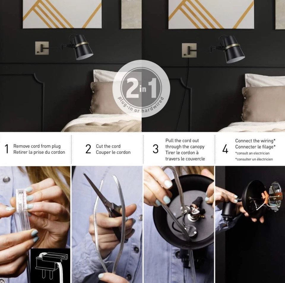 Aplique de pared con brazo oscilante enchufable o cableado negro mate con luz eléctrica Globe Foto 4 de 4