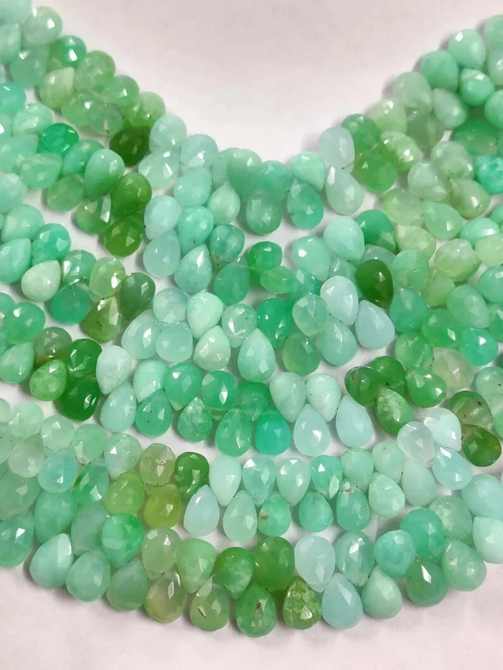 Natural Chrysoprase Faceted Pear Shape Briolette Teardrops Loose 8" Beads 7X10mm - Image 2 of 2