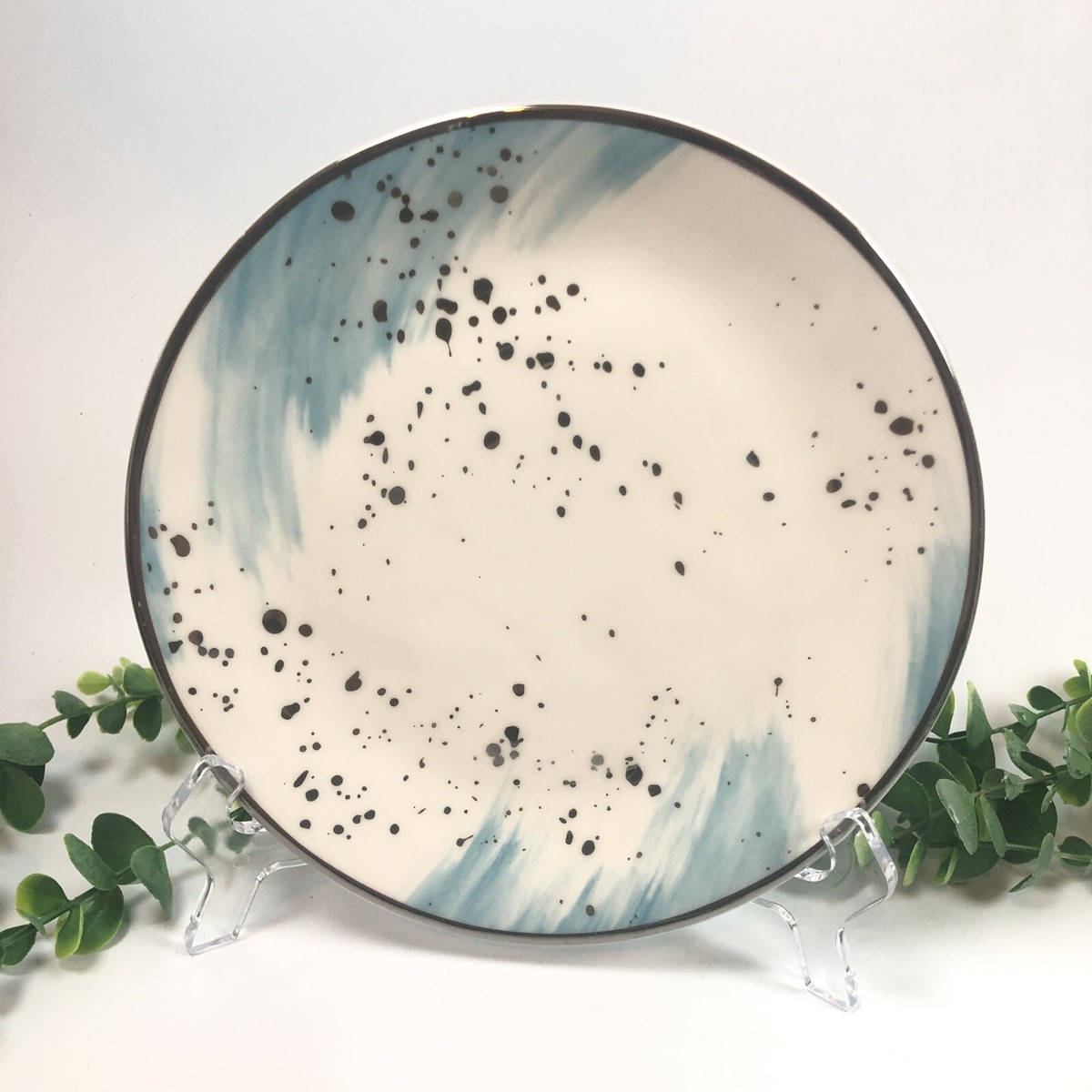 Olivia Oliver Bone China Harper Splatter Platinum Salad Plate Aqua Blue  VGUC