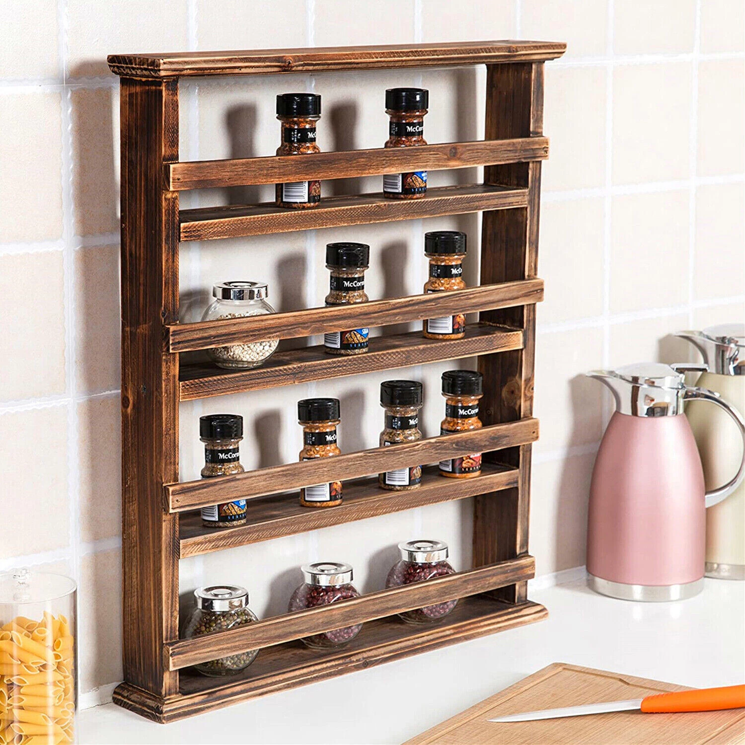 Wall Hanging Wood Spice Holder 4 Tier Vertical Kitchen Rack Spice Storage Shelf
Opens in a new windo