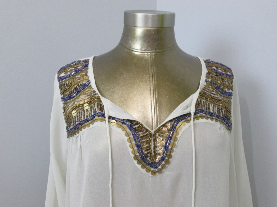 Top campesino transparente de aleación tostado para mujer talla L pecho 46 lentejuelas cuentas cuello en V 211-27152 Foto 3 de 4