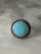 29. Vintage Sterling silver 925 Round Howlite Turquoise Marcasite Ring 6.5s,7g
