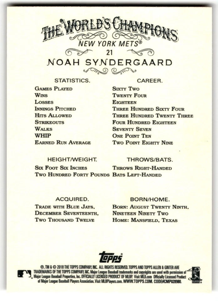 2018 Topps Allen & Ginter Noah Syndergaard #21 New York Mets - Image 2 of 2