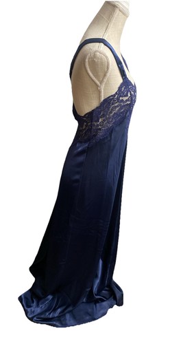 Vintage VANITY FAIR 70’s Navy Blue Long Satin/Lace Slip Dress Night Gown Size S - Afbeelding 4 van 11