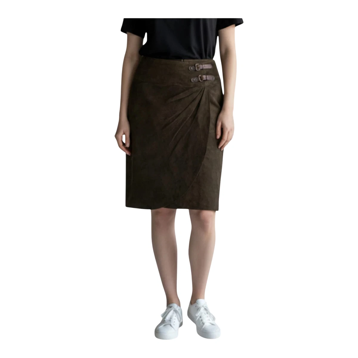 Vintage Wildlederrock Damen Wickelrock Dunkelbraun High‑Waist Suede Gr. L XL
