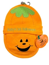 Baby’s 1st HALLOWEEN Pumpkin Hat and Feeder Bib Set – Orange & Green Leaf Design
