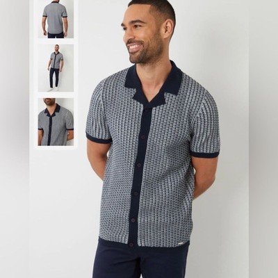 Threadbare Blue Textured Stripe Cuban Collar Knitted Shirt XL