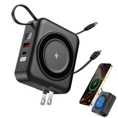 22.5W 5-in-1 10000mAh Travel Power Bank| Built-In Cables,Wall Plug TSA Approved