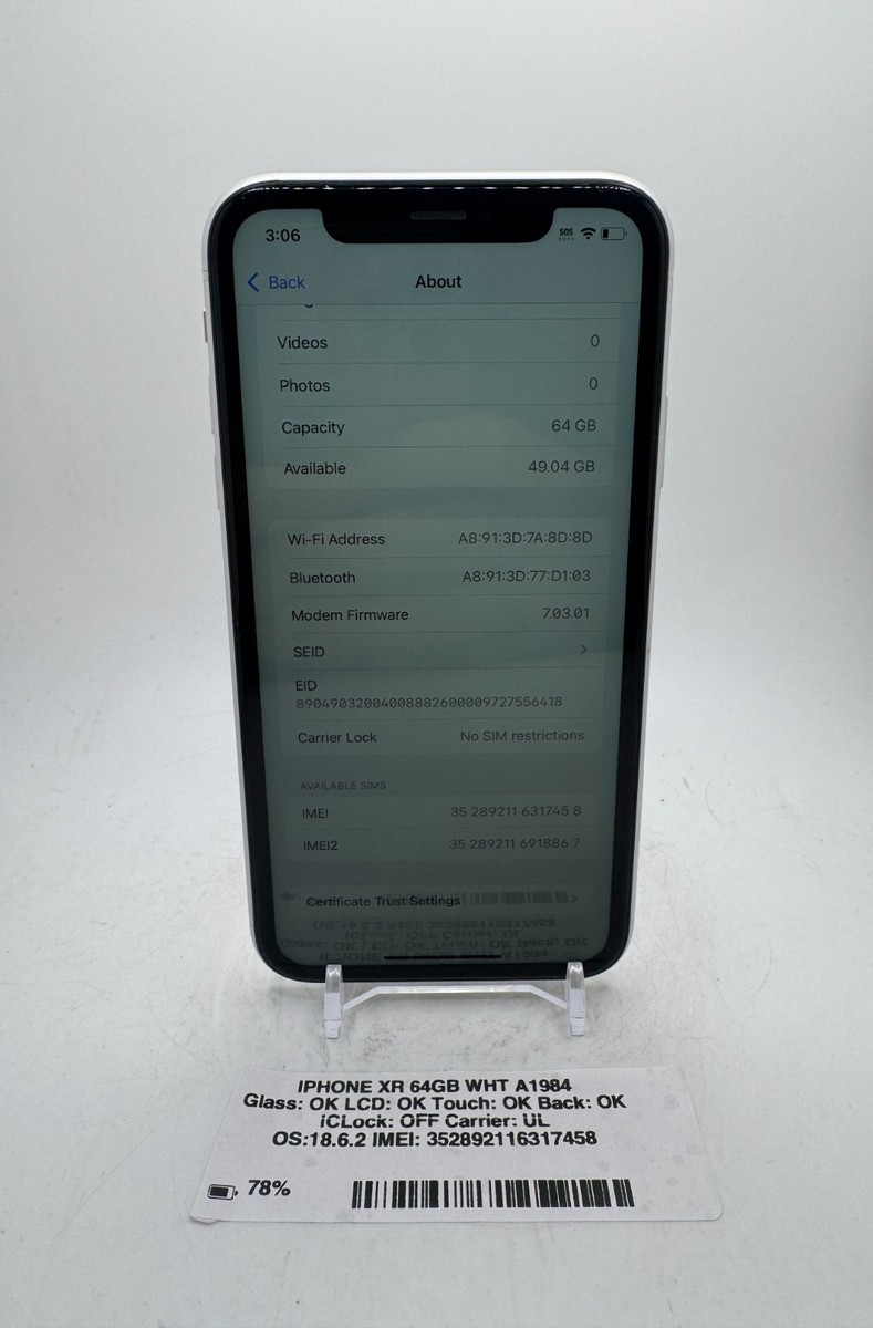 iPhone - iPhone XR 64G 白 au (12/30購入) IMEI8141 Apple iPhone XR - 64 GB - White & Silver (Unlocked) (CA) for
