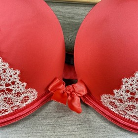 Victorias Secret Push Up Bra 36D Coral Pink Floral Lace Bow Sexy Angel Bombshell