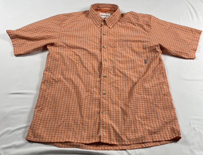 Simms Shirt Adult Size Medium Orange Plaid Fish Outdoor Pocket Seer Sucker Mens