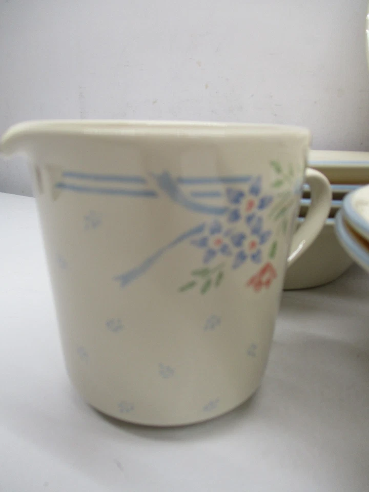 Corelle "SYMPHONY" Beige W/Blue Rim (18pcs) Creamer- Bowls-Cups-Saucers-Platter - Image 2 of 4