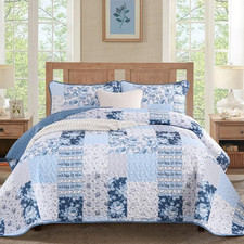 Blue Patchwork Quilt Set Queen Floral Boho Bedspread Coverlet 3 Piece