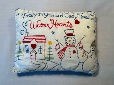 Cozy Throw Pillow Embroidered Snowman, Frosty Nights, Cozy Fires, Warm Hearts
