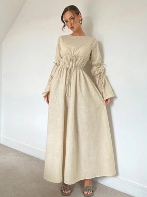 Womens Ren Faire Maxi Dress Size S Beige Bell Sleeve Renaissance Edwardian