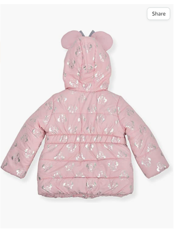 Minnie Mouse Print Disney Girl's Hooded Puffer Jacket with Ears and Bow Pink - Picture 2 of 2