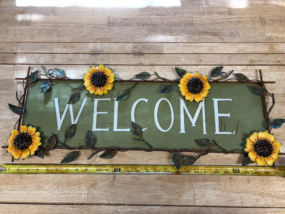 Bienvenido - Placa de letrero de metal - Casa de campo - Girasoles - Lata 29"L x 10,5"T Foto 2 de 4
