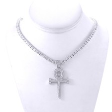 Silver Finish Micro Pave Egyptian Ankh Cross 1 Row 4mm Tennis Chain 30 inches