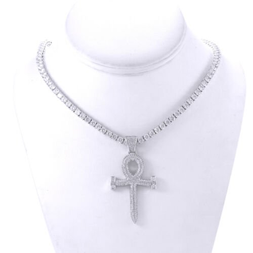 Silver Finish Micro Pave Egyptian Ankh Cross 1 Row 4mm Tennis Chain 24 inches - Picture 1 of 6