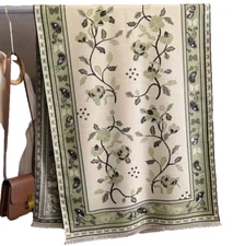 LARGE GREEN & CREAM PASHMINA SCARF/SHAWL/WRAP WITH FLORAL PATTERN AND FRINGE