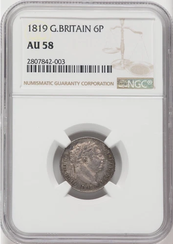 GREAT BRITAIN GEORGE III  1819 6  PENCE SILVER COIN NGC ALMOST UNCIRCULATED 58