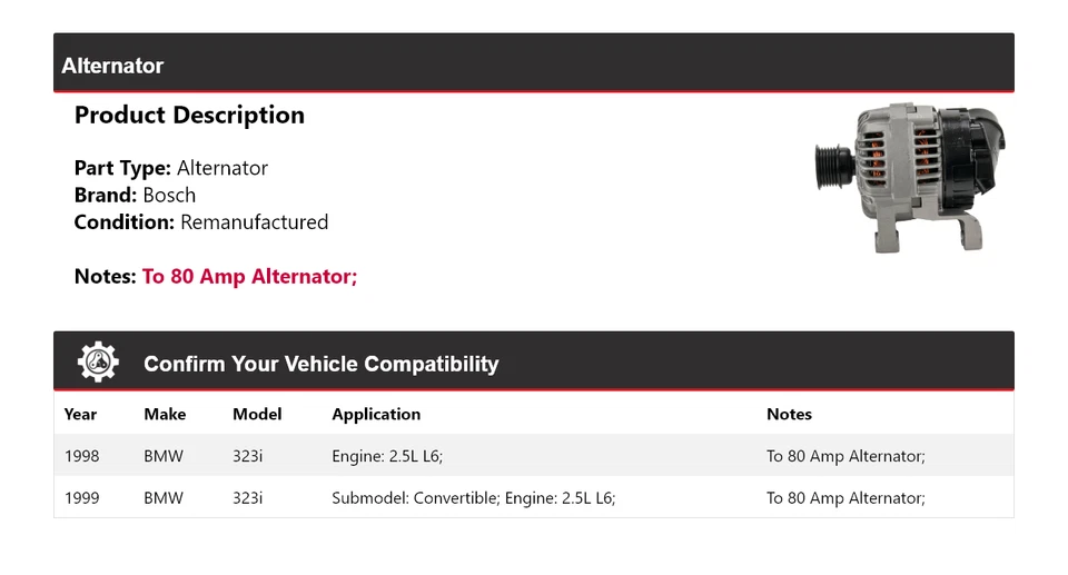Alternador Bosch para BMW 323i 1998-1999 2,5 L L6 (remanufacturado) Foto 2 de 4
